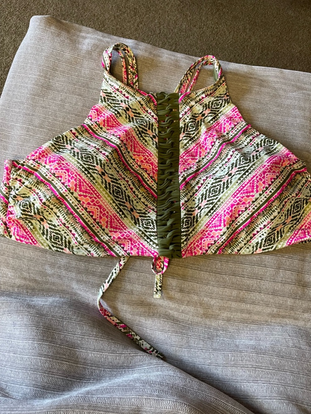 TIME and Tru High-Neck Printed Crop Swim Top (only) with Olive Lace-Up Detail